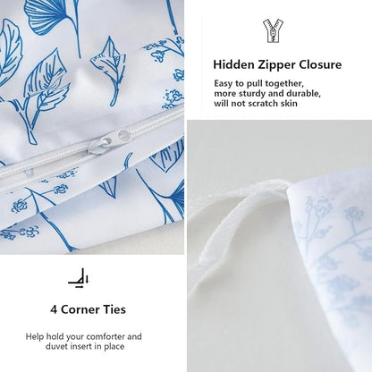Blue Floral Duvet Cover King 3Pcs Botanical Flower Bedding Set Soft Microfiber Cottagecore Flowers Duvet Cover Set with 2 Pillowcases(No Comforter)