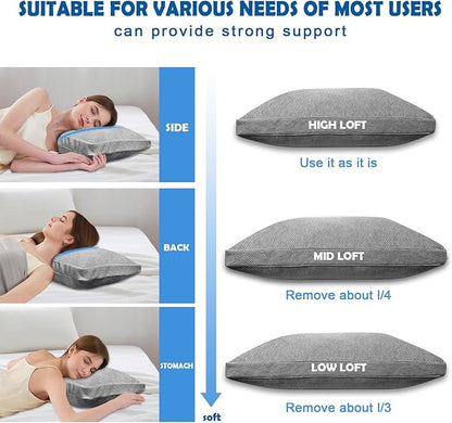 Pillows Standard Size Set of 2 - Shredded Memory Foam Cold Pillow That Stay Cold Adjustable Pillows for Sleeping Double-Sided Pillowcase