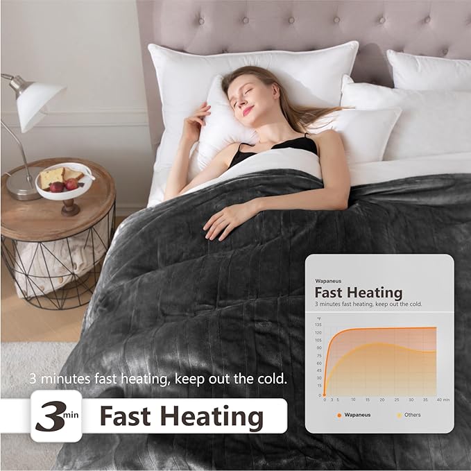 Wapaneus Heated Blanket Electric King Size 90"x100"-Dual Control with 10 Heat Levels 12 Timer Settings and 8 Hours Auto-Shut Off,Fast-Heating Electric Blanket,ETL Listed Machine Washable,Dark Grey