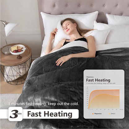 Wapaneus Heated Blanket Electric King Size 90"x100"-Dual Control with 10 Heat Levels 12 Timer Settings and 8 Hours Auto-Shut Off,Fast-Heating Electric Blanket,ETL Listed Machine Washable,Dark Grey