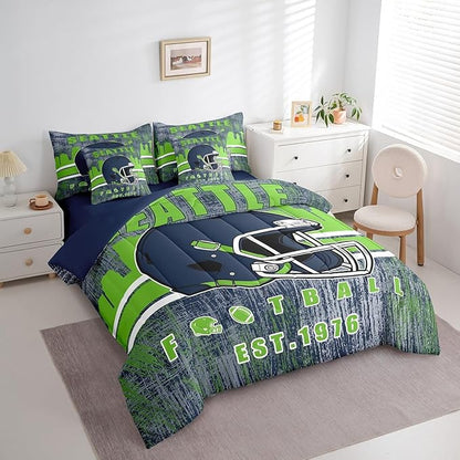 Erosebridal Football City Bedding Set Classic Sports Helmet Boys Bed in A Bag Queen, Rugby Fans Comforter Sets with Sheets for Boys Gridiron Seasonal Bed Set Navy Green Room Decor
