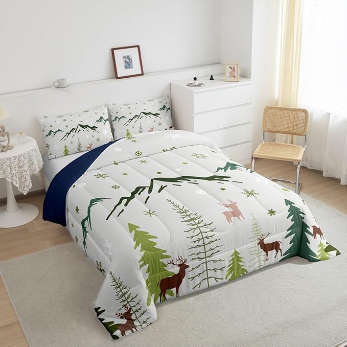 Castle Fairy Christmas Snowflakes Bedding Set Twin Size Cartoon Elk Silhouette Comforter Set for Kids Teens Room Decor Mountain Pine Tree Duvet Insert Xmas Theme Animal Down Comforter Set,2Pcs