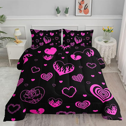Heart Comforter Set Pink Rose Printed Bedding Set with 1 Comforter and 2 Pillowcases for Boys and Girls Bedroom All Season(Love Queen)
