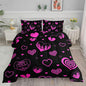 Heart Comforter Set Pink Rose Printed Bedding Set with 1 Comforter and 2 Pillowcases for Boys and Girls Bedroom All Season(Love Queen)