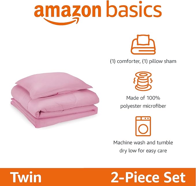 Amazon Basics 2 Piece Soft Microfiber Kid's Comforter and Pillow Sham Set, Twin, Light Pink, Solid
