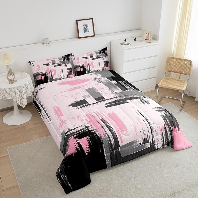 Feelyou Abstract Bedding Set Kids Modern Abstract Art Comforter Set Pink Black Comforter for Boys Room Decor Lightweight Retro Duvet Set Toddler Size with 1 Pillow Case