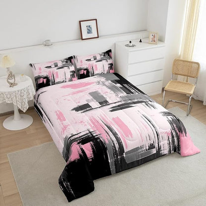 Feelyou Abstract Bedding Set Kids Modern Abstract Art Comforter Set Pink Black Comforter for Boys Room Decor Lightweight Retro Duvet Set Toddler Size with 1 Pillow Case