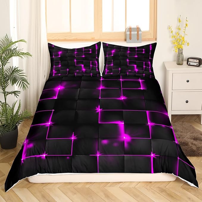 Castle Fairy Abstract King Duvet Cover Set, 3D Modern Plaid Square Grid Comforter Cover with 2 Pillowcases, Purple and Black Neon Light Lines Geometric Breathable Polyester Bedding Set for Kids Boys