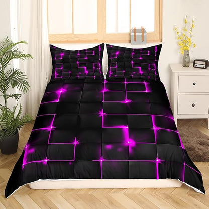 Castle Fairy Abstract King Duvet Cover Set, 3D Modern Plaid Square Grid Comforter Cover with 2 Pillowcases, Purple and Black Neon Light Lines Geometric Breathable Polyester Bedding Set for Kids Boys