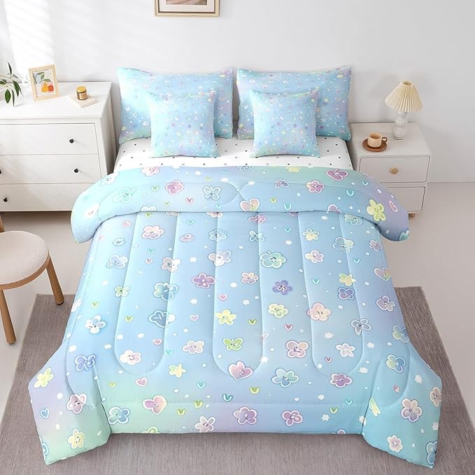 Feelyou Cute Flower 7 Piece Bedding Set Twin Size Cartoon Flower Bed in a Bag for Kids Girls Teens Toddler Rainbow Comforter Set with Sheets Cartoon Bed Set
