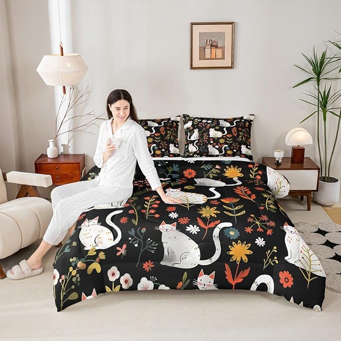 jejeloiu Cute Cat Bedding Set Soft for Boys Girls, Floral Flower Comforter Set Full Size Nature Plants Duvet Quilt Microfiber Black Colorful Bedroom Decor 3 Pcs with 2 Pillow Cases