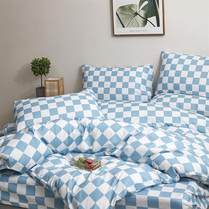 Wellboo Blue White Plaid Comforter Sets Twin Women Men Light Blue and White Checkerboard Grid Bedding Comforters Cotton Boys Girls Modern Dusty Blue Checkered Geometric Quilts Luxury Sky Blue Bed
