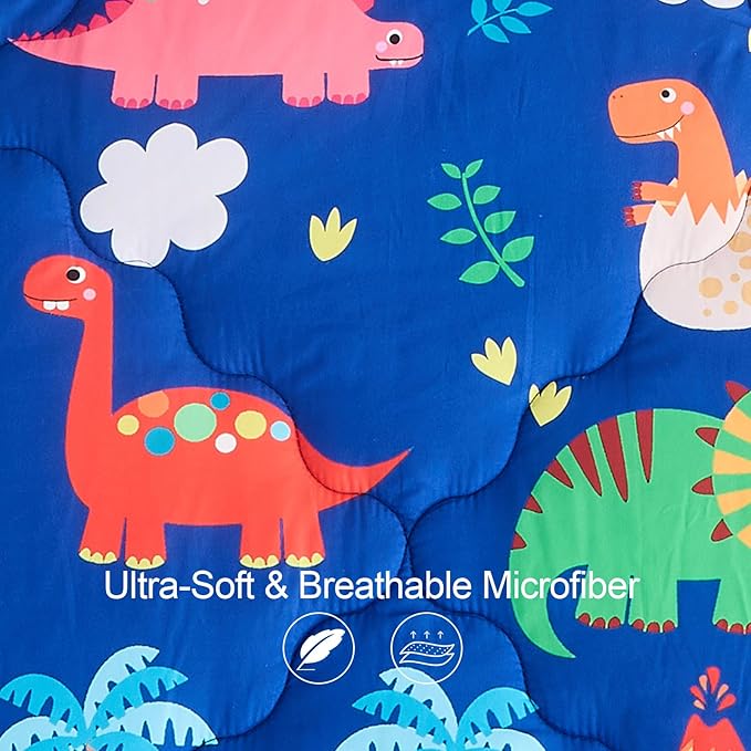 Wajade 7 Piece Kid Boys Dinosaur Comforter Set Queen Size 3D Blue Dinosaur Wild Park Jungle Print Bedding Set with Comforter, Sheet Set, Pillowcase and Sham