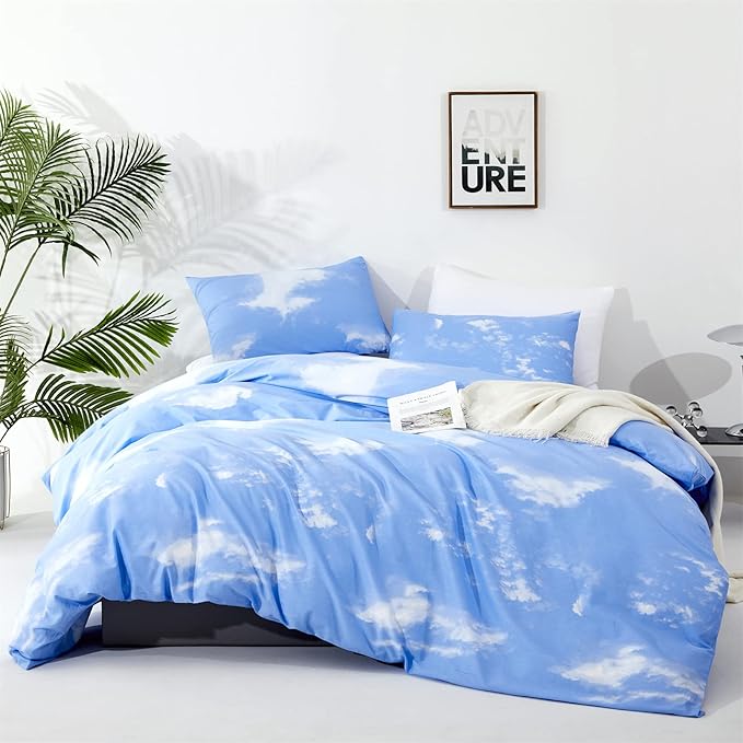 Wellboo Blue Sky Comforter Sets California King Blue and White Clouds Bedding Comforter Sets for Women Girls Soft Health Casual Abstract Cloud Print Bed Quilts Cal King Cotton Modern Blue Bedding