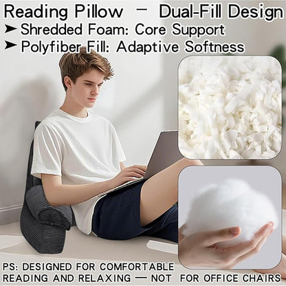RRPAHWTV Reading Pillow for Bed with High Arm Rests,Back Support Pillow for Sitting Up in Bed with Shredded Memory Foam for Reading, TV, Gaming or Relaxing on Floor（Grey Black，Small）