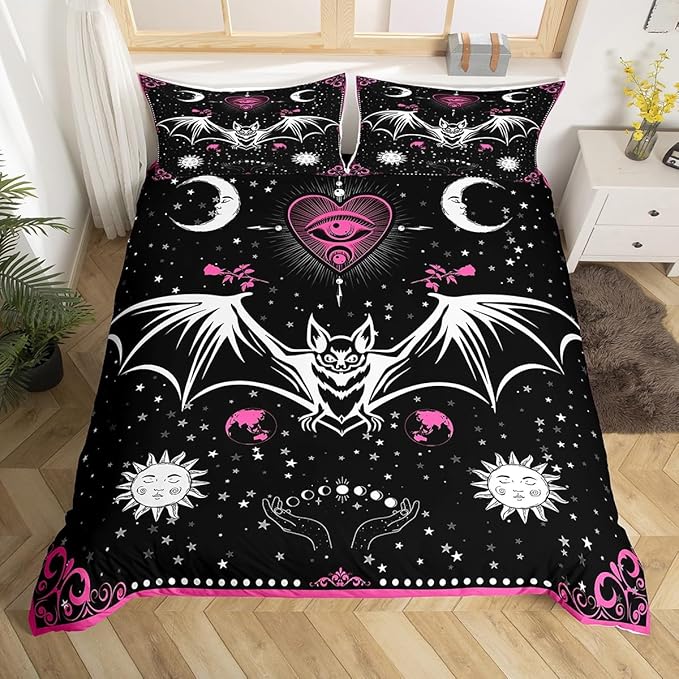 Bat Duvet Cover Set Twin Size Sun Moon Starry Galaxy Bedding Set Gothic Style Wild Animals Comforter Cover for Kids Boys Girls Teens Bedroom Decor Pink Floral Exotic Black White Quilt Cover 2Pcs
