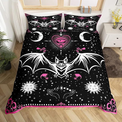 Bat Duvet Cover Set Twin Size Sun Moon Starry Galaxy Bedding Set Gothic Style Wild Animals Comforter Cover for Kids Boys Girls Teens Bedroom Decor Pink Floral Exotic Black White Quilt Cover 2Pcs