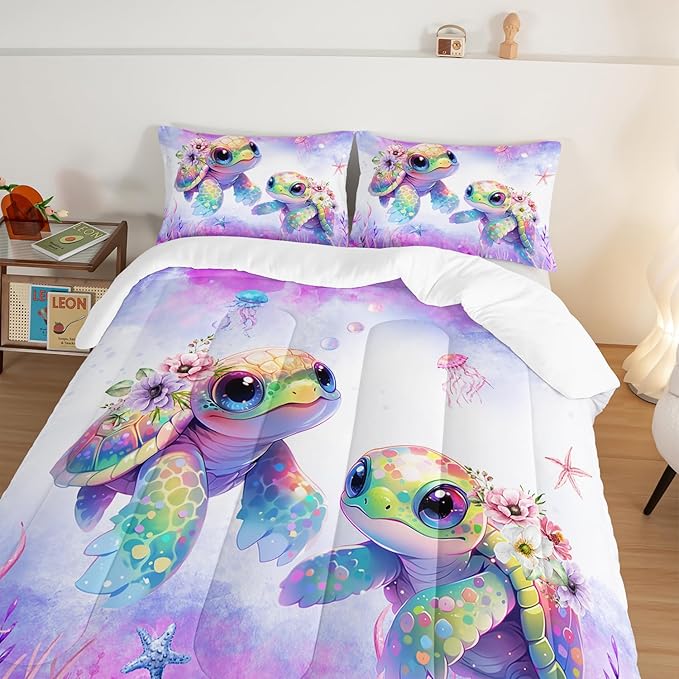 Kids Comforter Set Turtle Printed Pattern Bedding Set King Size,Purple Waterweed Jellyfish Starfish Pattern Bedding Set for Kids Girls Boys Room Decor with 2 Pillowcases.
