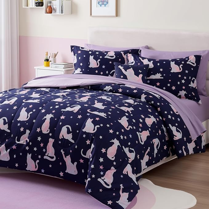 Twin Comforter Set for Girls -3 Pieces Cute Cat Twin XL Bedding Set with 1 Comforter, 1 Decor Pillow, 1 Pillow Sham