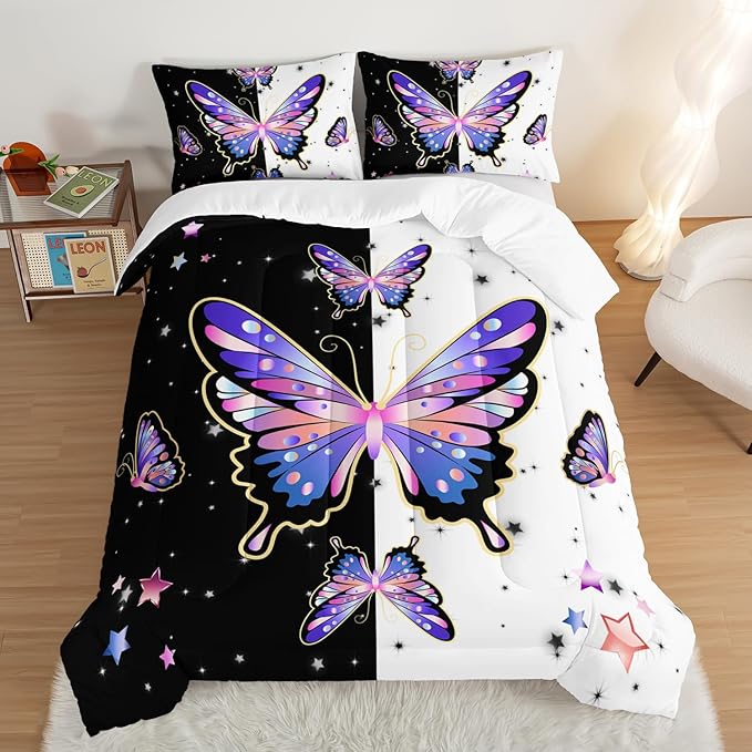 Purple Butterfly Queen Comforter Set for Girls Kids,Aesthetics Butterflies Star Glitter Pattern Bedding Set for Teens Girls Room Decor,Nature Animal Themed Bedding Set with 2 Pillowcases.