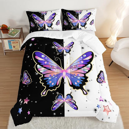 Purple Butterfly Queen Comforter Set for Girls Kids,Aesthetics Butterflies Star Glitter Pattern Bedding Set for Teens Girls Room Decor,Nature Animal Themed Bedding Set with 2 Pillowcases.
