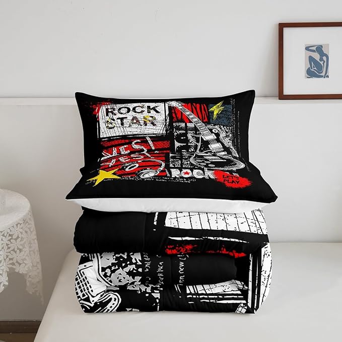 Guitar Comforter Set Twin Size Rock Music Quilt Set Graffiti Headset Bedding Set 2pcs Rock Roll Theme Duvet Insert Boys Girls Teens Kids Fashion Bedroom Collections,Black Red