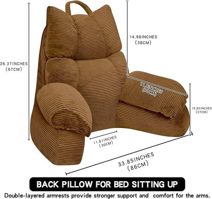 RRPAHWTV Reading Pillow for Bed with High Arm Rests,Back Support Pillow for Sitting Up in Bed with Shredded Memory Foam for Reading, TV, Gaming or Relaxing on Floor（Brown，Large）
