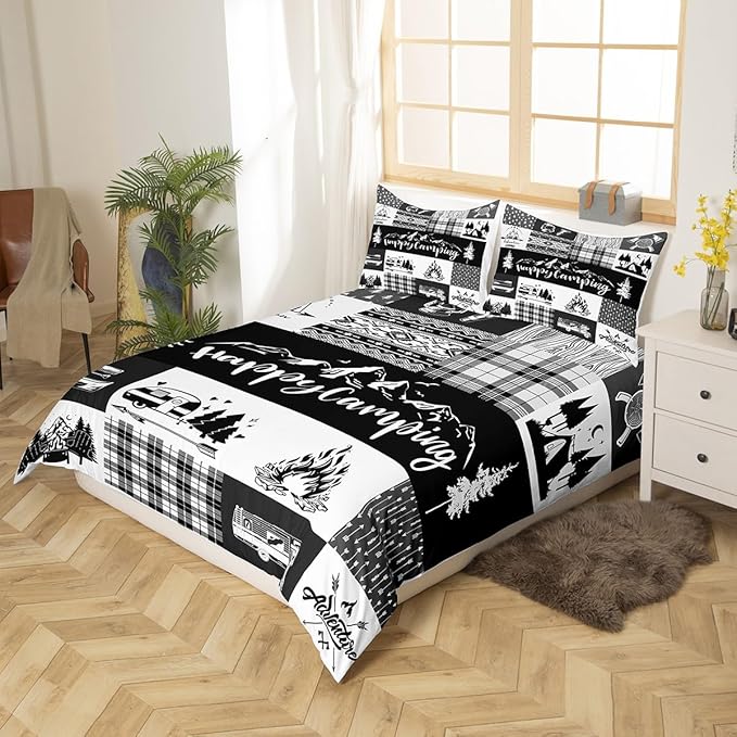 Camper Adventure Bedding Set Twin Size,Happy Camping Plaid RV Inside Decor Comforter Cover Set for Kids Girls,Arrow Hunt Cabin Rustic Farm Check Bedding Quilt Cover Set Bedroom Decor, 2 Pcs