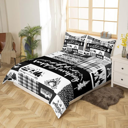 Camper Adventure Bedding Set Twin Size,Happy Camping Plaid RV Inside Decor Comforter Cover Set for Kids Girls,Arrow Hunt Cabin Rustic Farm Check Bedding Quilt Cover Set Bedroom Decor, 2 Pcs