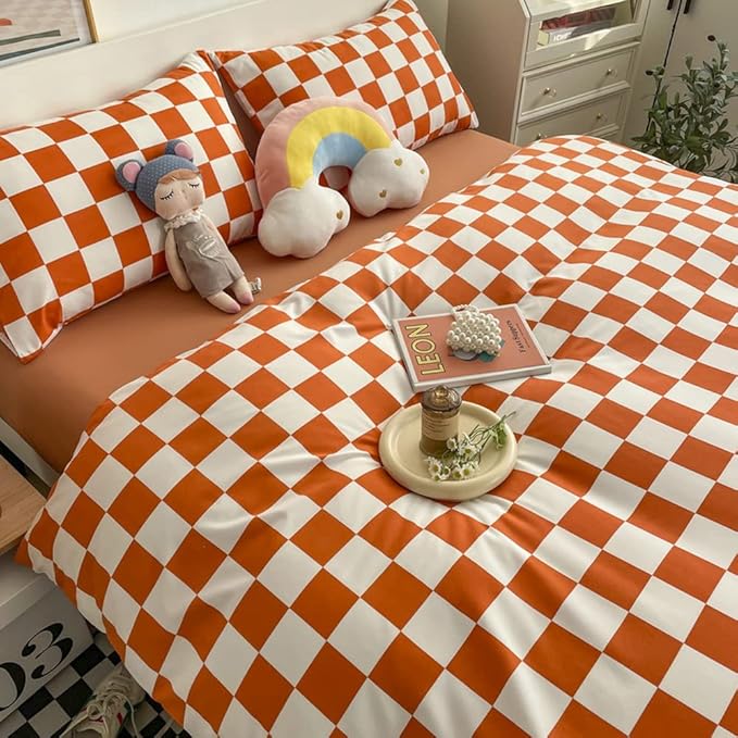Wellboo Orange White Plaid Comforter Sets Twin Women Girls Light Red Checkerboard Bedding Comforters Cotton Rust Caramel and White Checkered Geometric Quilts Adults Modern Grid Abstract Simple Bed