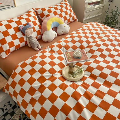 Wellboo Orange Plaid Comforter Sets King Size Women Girls Light Red Checkerboard Bedding Comforters Cotton Rust Caramel and White Checkered Geometric Quilts Adults Modern Buffalo Grid Abstract Bed