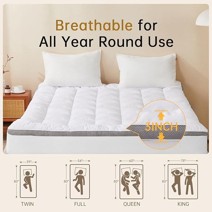 SAPHREAS Twin Size Mattress Topper 3 inch with 8-20 inches Stretchable Pockets, Soft Pillow Top Mattress Pad for Back Pain Relief with Breathable Air Mesh Sides
