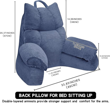 RRPAHWTV Reading Pillow for Bed with High Arm Rests ,Back Support Pillow for Sitting Up in Bed with Shredded Memory Foam for Reading, TV, Gaming or Relaxing on Floor（Dark Blue, Large）
