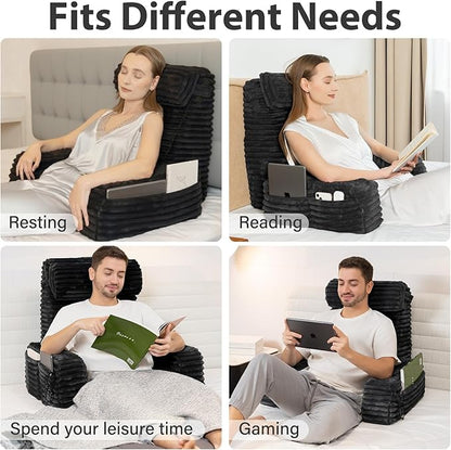 ENITYA 22" XL Back Pillow for Bed Sitting up, Built-in Arms & Big Pockets, Reading Pillow for Sitting in Bed Adult, Ideal for Sitting up/Watching TV/Reading/Gaming/Resting/Post Surgery, Black