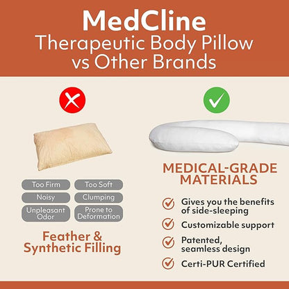 MedCline Therapeutic Full Length Body Pillow, Adjustable Shredded Memory Foam Pillow for Side Sleepers, J-Shaped Body Pillow for Neck, Back, and Hip Support, Removable Washable Cover, 22"x50"x6"