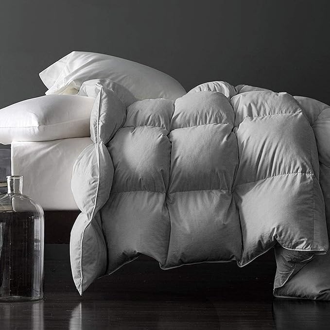 Royoliving Premium Feathers Down Comforter 100% Cotton Cover Duvet Insert with Corner Tabs (Grey, California King All Season)