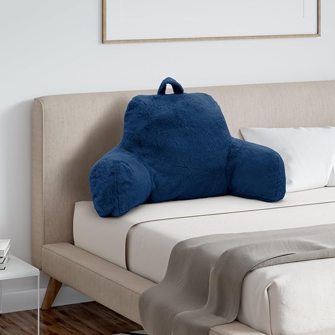 Reading Pillow for Sitting in Bed Adult, Standard Reading Pillow with Memory Foam, Back Pillow for Bed Sitting Up with Extend Arms, Blue