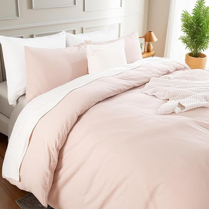 NEXHOME PRO Duvet Cover Set 100% Washed Cotton Full Size Linen Feel Textured Organic Natural 3 Pieces Bedding Set Greyish Light Pink with Zipper Closure and Corner Ties, Breathable(No Comforter)