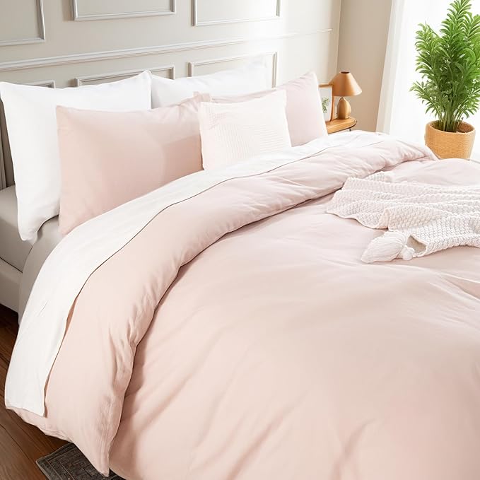 NEXHOME PRO Duvet Cover Set Queen Size Linen Look Textured Organic Natural 100% Washed Cotton Duvet Cover Greyish Light Pink 3 Pieces Bedding Set with Zipper Closure, Breathable (No Comforter)