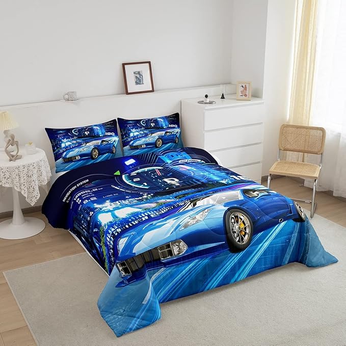 Feelyou Boys Race Car Down Duvet Cool Sports Car Comforter Set for Kids Boys Girls Extreme Sports Bedding Set Blue Automobile Car Comforter 1 Comforter Set with 2 Pillowcases Full Size