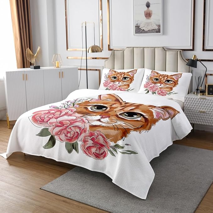 Feelyou Girls Cat Quilted Coverlet for Kids Daughter Cute Kitten Print Coverlet Set Rose Floral Flowers Bedspread Pet Cat Pattern Quilted Room Decor Twin Size Bedding Collection
