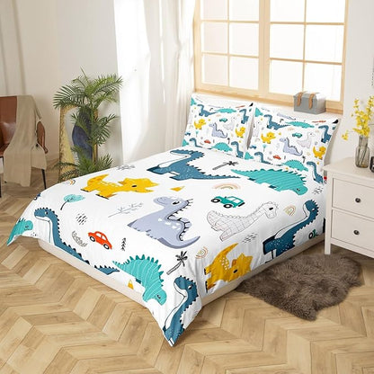 Cartoon Dino Boys Bedding Set Twin Size,Cute Dinosaur Animal Blue Yellow Sketch Comforter Cover Set for Kids Girls,Cars Rainbow Trees Printed Kawaii Bedding Quilt Cover Set Bedroom Decor, 2 Pcs