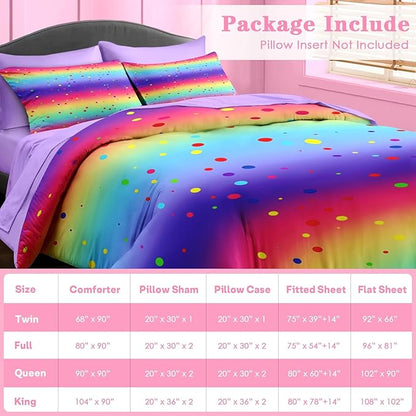 Comforter Set Twin Size, Cute Rainbow Polka Dot 5 Pcs Bedding for Kids and Adults, Colorful Glitter Bed Sheet Sets with Fitted Sheet Pillowcase & Sham for Bedroom Bed Decor