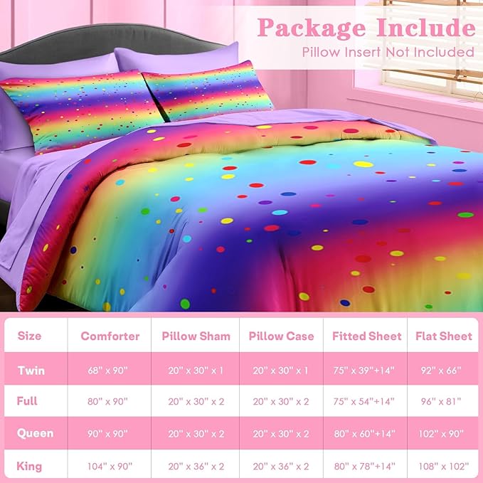 Comforter Set Queen Size, Cute Rainbow Polka Dot 7 Pcs Bedding for Kids and Adults, Colorful Glitter Bed Sheet Sets with Fitted Sheet 2 Pillowcases & 2 Shams for Bedroom Bed Decor