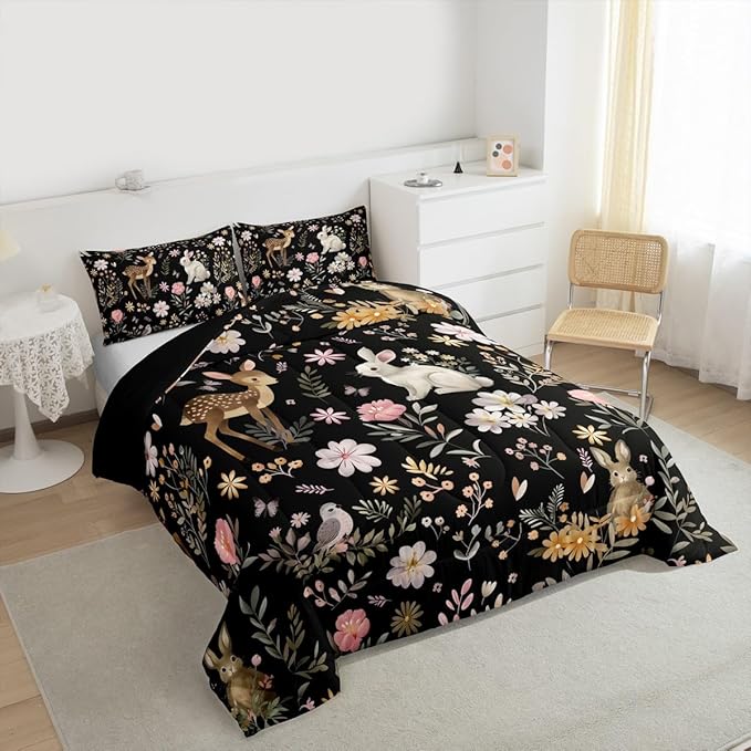 jejeloiu Cute Deer and Rabbit Comforter Set Twin Size Floral Flower Bedding Set for Kids Boys Girls Nature Plants Duvet Quilt Black Colorful Bedroom Decor Microfiber 2 Pcs with 1 Pillow Cases