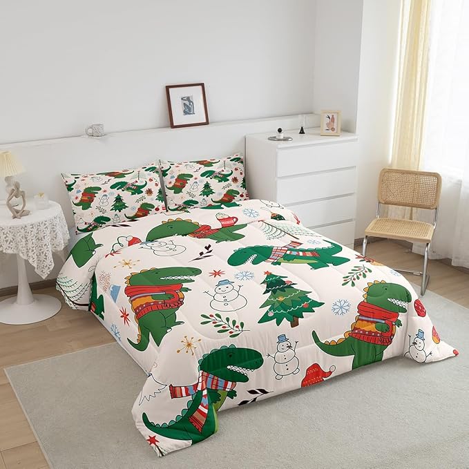 Erosebridal Cartoon Dinosaur Comforter Set for Kids Boys Girls,Xmas Dino Bedding Queen,Winter Snowman Tree Flower Comforter Sets,Merry Christmas Duvet Insert with 2 Pillowcases Bedroom Decor