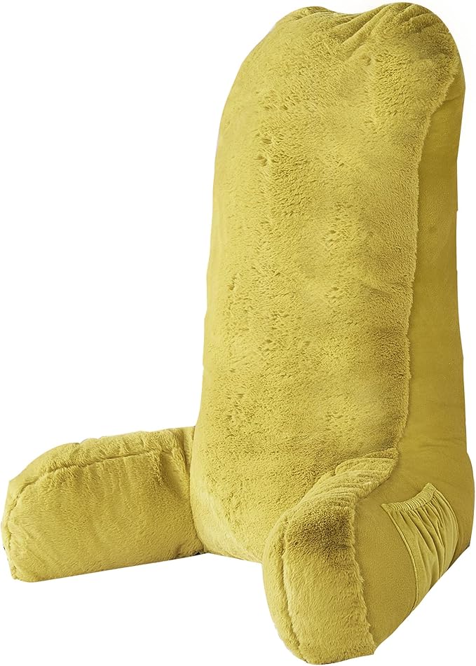 Home Soft Things Fox Faux Fur Bedrest Reading Pillow with Handle, Backrest Armrest Pillow Chair Back Support for Sitting up in Bed, Lemon Curry, 28" x 30" x 17"