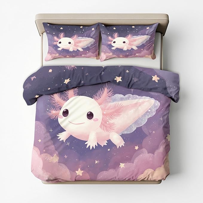 Axolotl Duvet Cover Oversized Queen Size, Kids Boys Girls Bedding Set 3 Pcs (2 Pillow Shams), Super Soft Microfiber Bedroom Decor, Zipper & Ties CSXQ1249