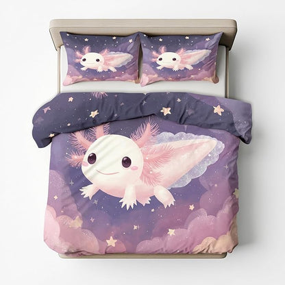 Axolotl Duvet Cover Oversized Queen Size, Kids Boys Girls Bedding Set 3 Pcs (2 Pillow Shams), Super Soft Microfiber Bedroom Decor, Zipper & Ties CSXQ1249