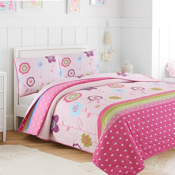 Cozy Line Home Fashions Pink Little Heart Floral Microfiber Reversible Girls Coverlet Bedspread Quilt Set, Bedspread, Coverlet (Flower Garden, Queen - 3 Pieces)